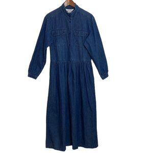 Vintage Dress Women 10 Blue Jean Shirt Dress Long Sleeve Maxi Prairiecore Modest